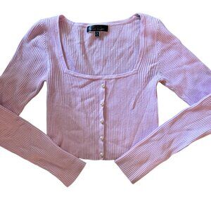 Blue Blush Top S Ribbed Pink Long Sleeve Pearl Button-Front Cropped Knit